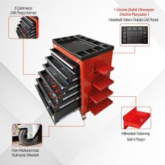 Brio Hareketli Takım Dolabı 6 Çekmece Pro Plus 248 Parça Kırmızı Dolu