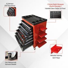 Brio Hareketli Takım Dolabı 6 Çekmece Pro Ss 258 Parça Kırmızı Dolu