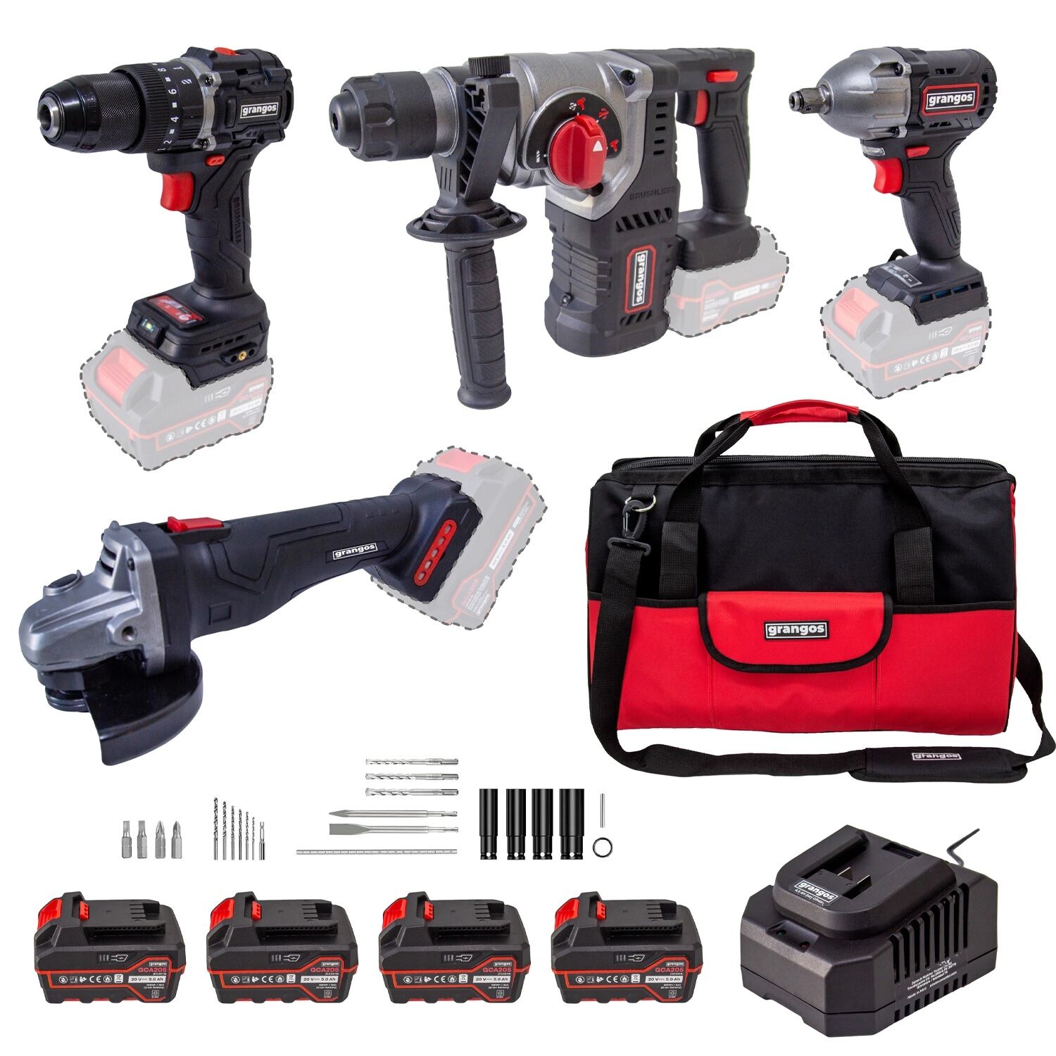 Grangos GCKIT204-F4 20V Kömürsüz Akülü Set – Darbeli Matkap, Somun Sıkma, Avuç Taşlama, Kırıcı Delici – 4×5.0Ah Akü, Hızlı Şarj, Çanta, Aksesuar Hediyeli